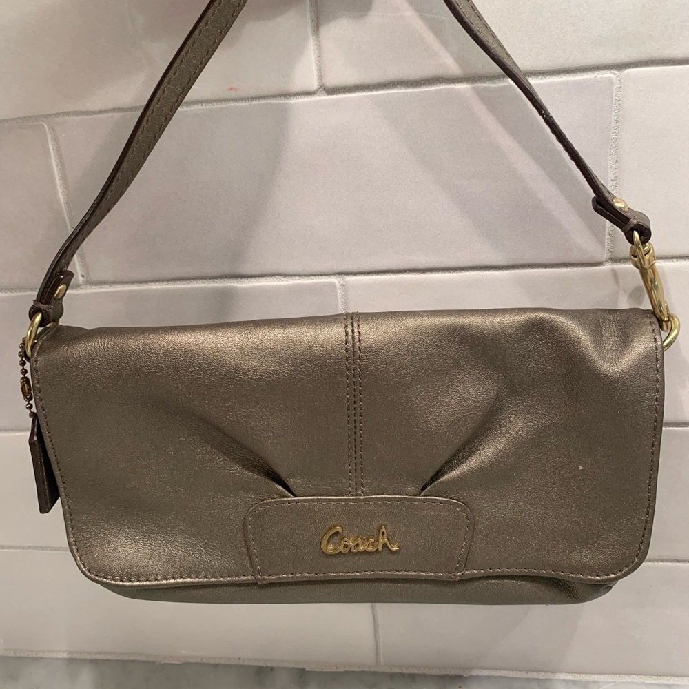 Coach Ashley Pleated Silver Flap Wristlet Clutch Metallic Evening Bag